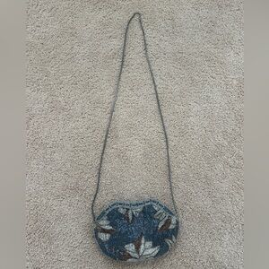 Vintage Genie Beaded Evening Bag Floral Glass Bead Purse Blue Silver Korea